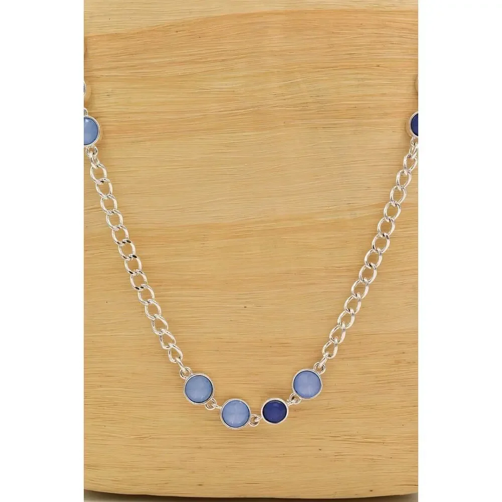Vintage Station Chain Necklace Sky Blue Crystal Silver Tone Long Y2K BinBJ